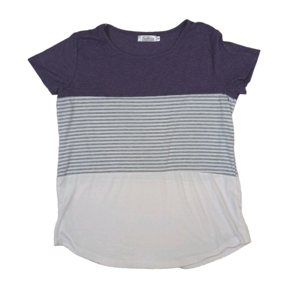 Fashion Womens Medium Colorblock Stripe Short Sleeve Purple Gray White Tunic Tee